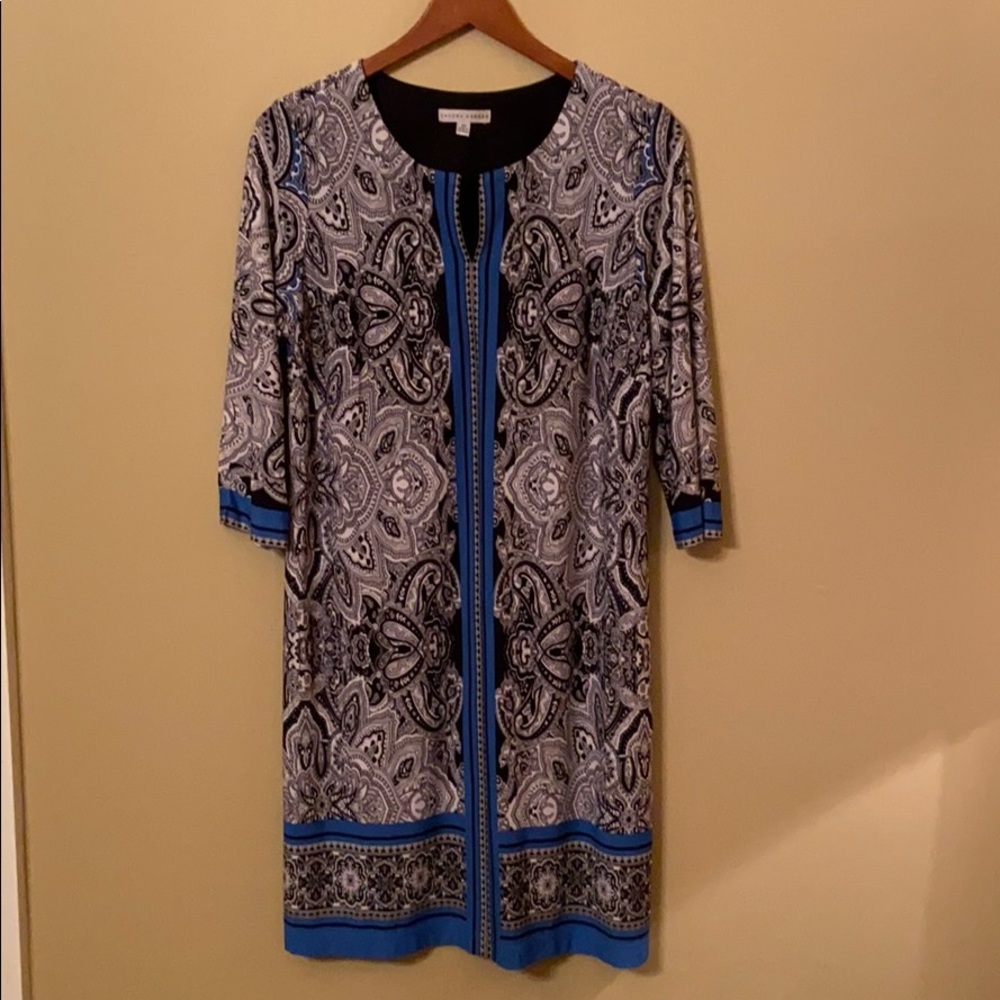 Black/Blue Print Dress by Sandra Darren. Size 10.